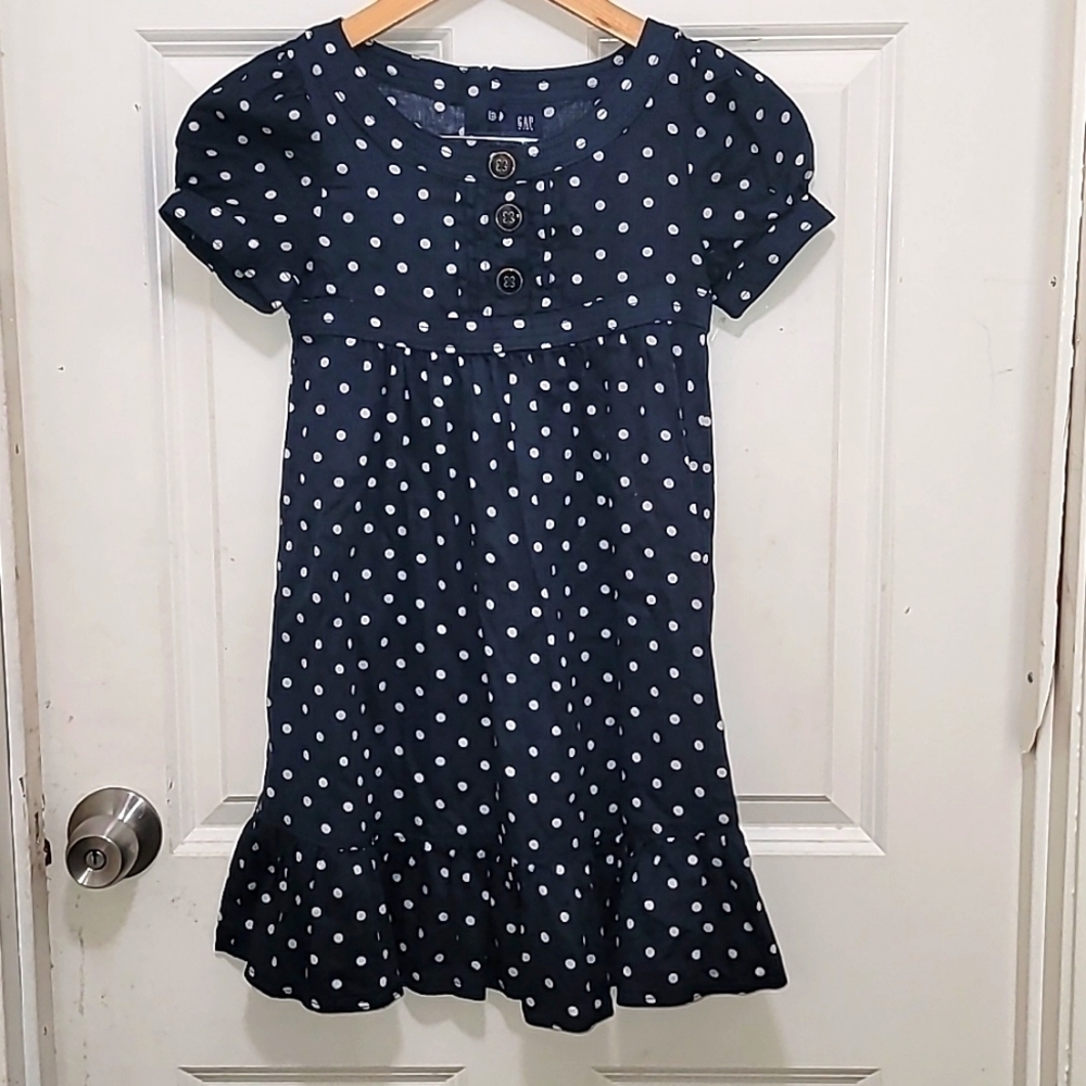 GAP KIDS DRESS WITH  SLEEVE  BLUE‎ AND WHITE  DOTS  MEDIUM